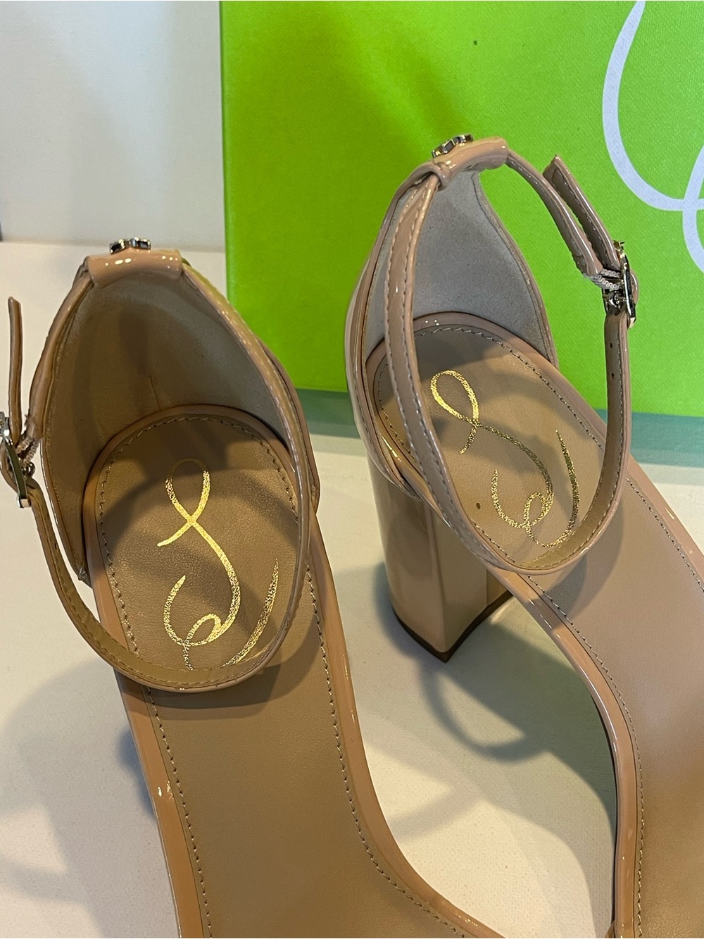 NIB SAM EDELMAN BEIGE BLUSH PATENT BLOCK HEEL SANDAL WOMENS SIZE 9.5 WIDE - Picture 5 of 9